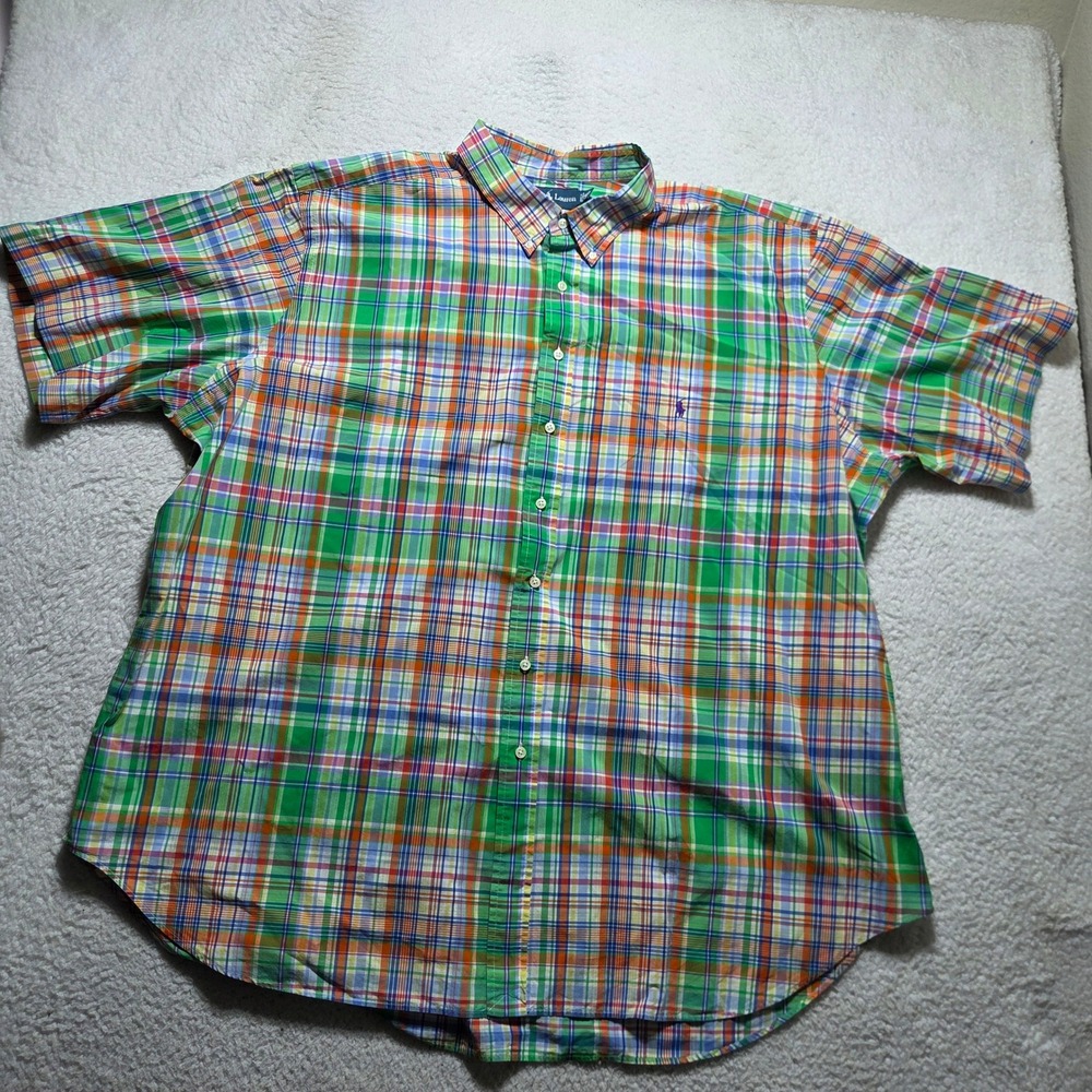 Vintage Ralph Lauren Button Down Shirt Mens 4XLT Green Plaid Short Sleeve